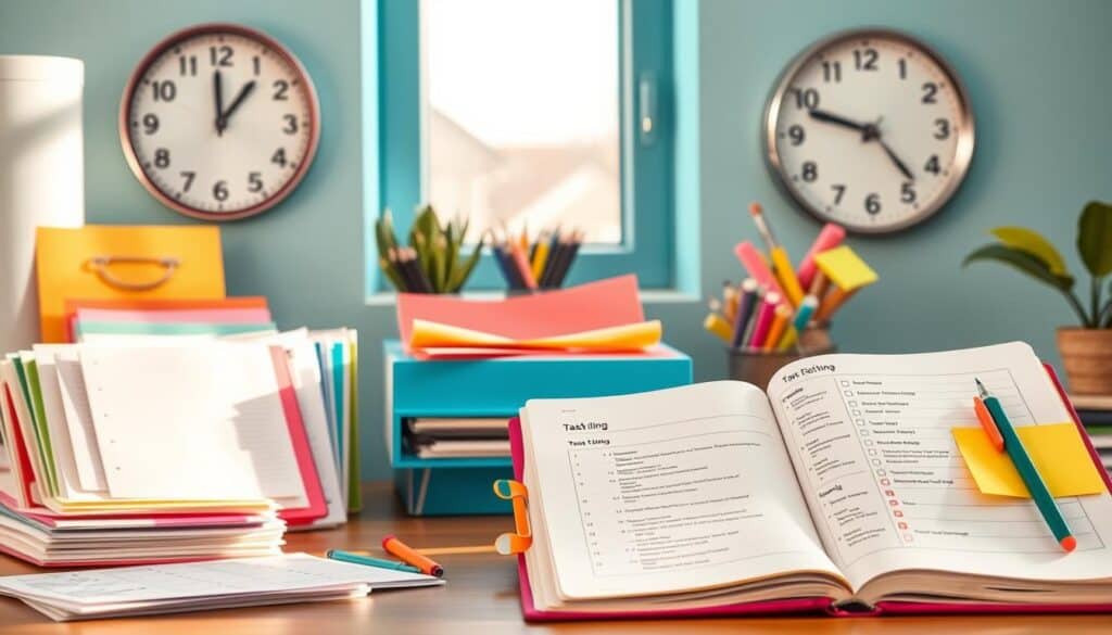 A well-organized office desk with an open planner, colorful folders, stacks of papers, and a variety of stationery such as colored pencils, pens, and sticky notes. The desk is positioned in front of a blue-windowed wall with two round clocks showing different times.