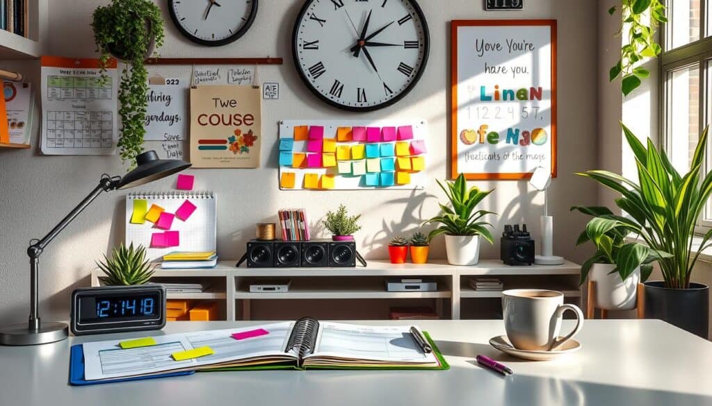 A well-organized home office with a white desk featuring an open planner, colorful sticky notes, a digital clock, a coffee cup, and various office supplies. The wall in the background has multiple clocks, plants, motivational posters, and a window letting in sunlight.