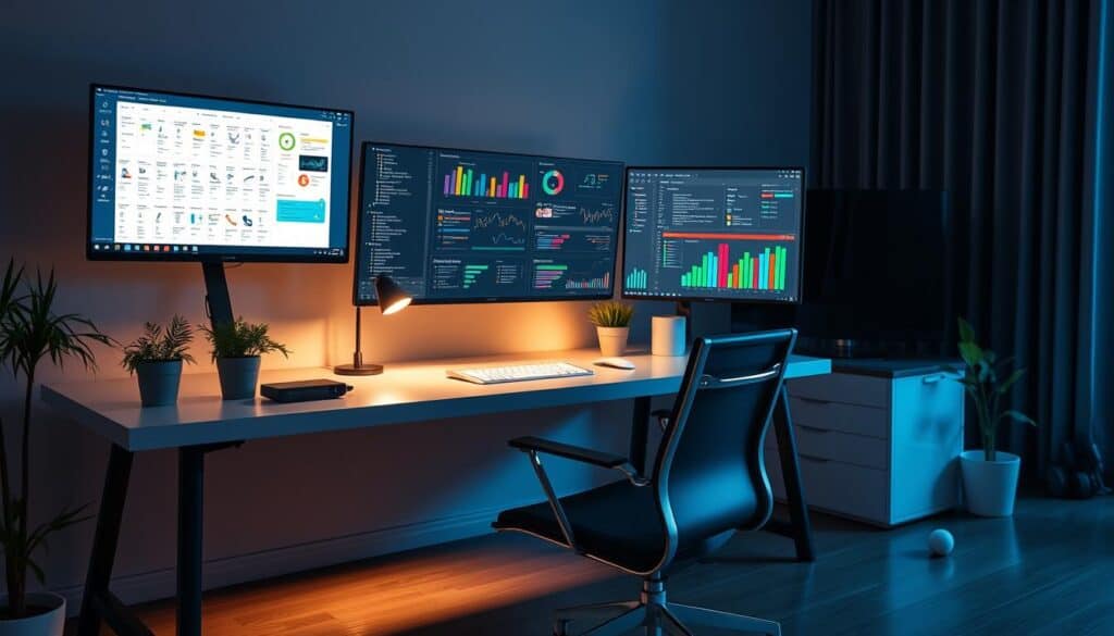 A modern home office setup with three monitors on a desk displaying charts and data analytics. The room is softly lit with a blue hue, featuring potted plants, a sleek office chair, and a tidy workspace. A lamp and a small ball are on the floor beside the desk.