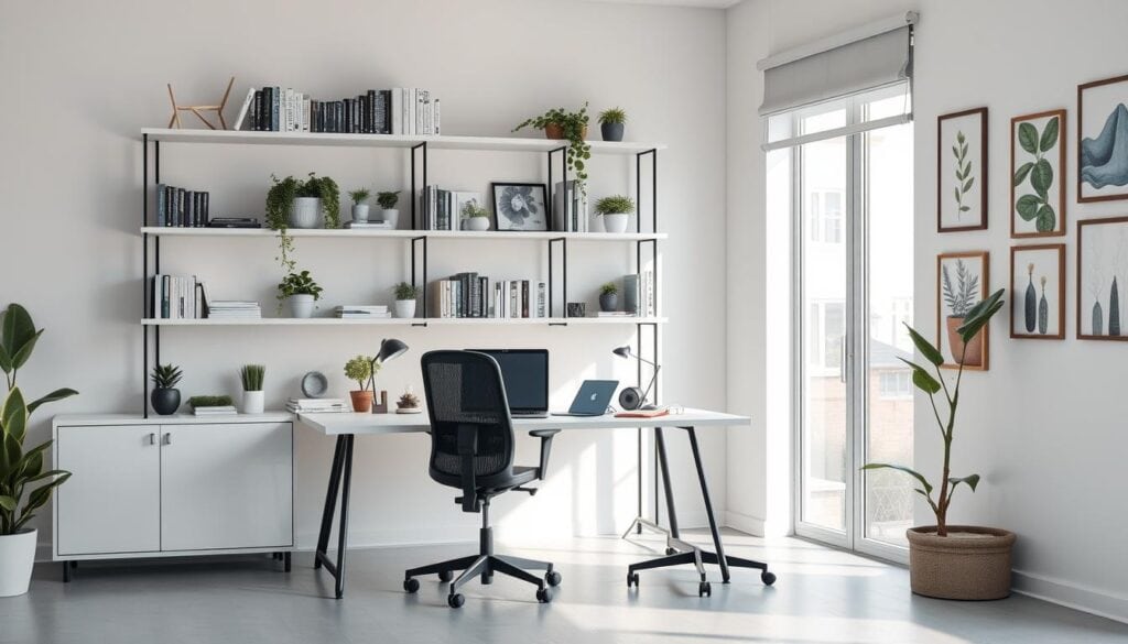 A modern home office with a white desk and black chair. The desk holds a laptop, plant, and office supplies. Behind the desk is a large shelving unit with books, plants, and decor. The room has framed pictures on the wall and a large window with a roller shade.